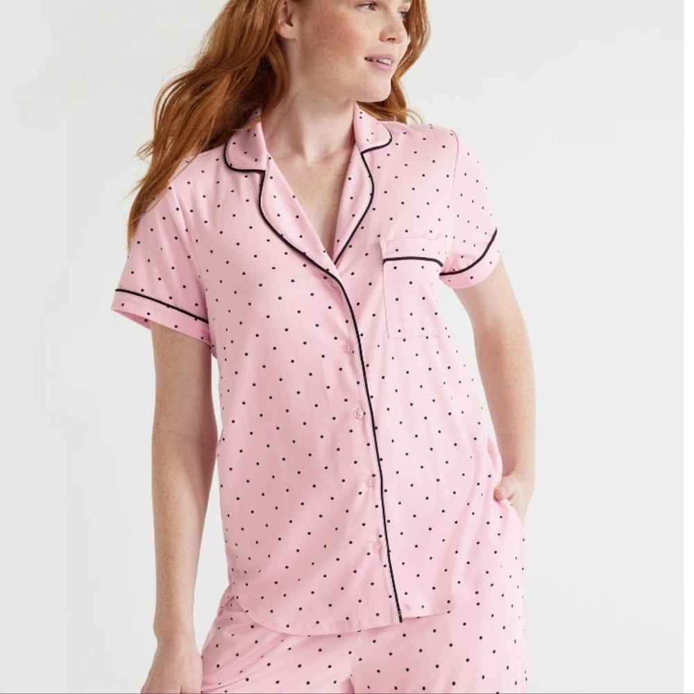 Joyspun PJ Set Womens 2 Piece Pink & Black Polka Dot Top & Capri Pants Size 3x - Picture 2 of 7